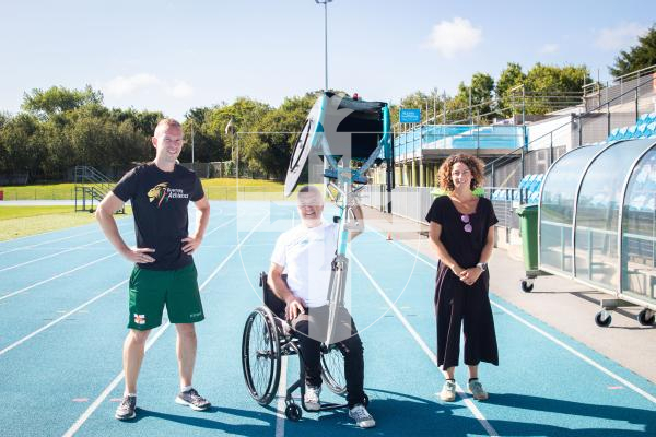 Photo by Erin Vaudin. 29.08.24. Tom Druce, Aindre Reece-Sheerin and Caroline Barby are previewing Guernsey Athletics free wheelchair racing training sessions.