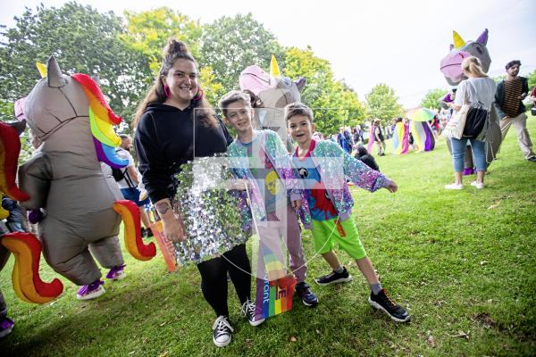 Picture by Sophie Rabey.  07-09-24.  Channel Island Pride 2024 celebrations in St Peter Port Town.
Chloe Gallie with children L-R Dorian (8) and Hansel (6).