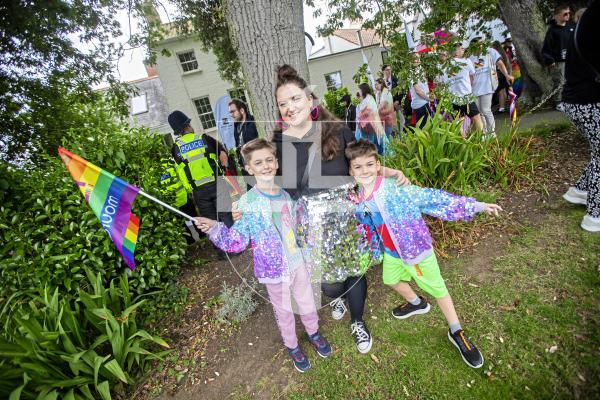 Picture by Sophie Rabey.  07-09-24.  Channel Island Pride 2024 celebrations in St Peter Port Town.
Chloe Gallie with children L-R Dorian (8) and Hansel (6).