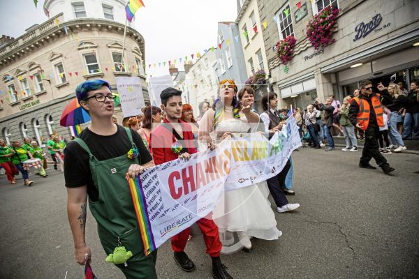 Picture by Sophie Rabey.  07-09-24.  Channel Island Pride 2024 celebrations in St Peter Port Town.
Becca Morris and Freddy Palmer got married on the main stage in Market Square in what is believed to be the first-ever marriage at Pride.