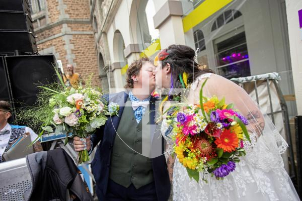 Picture by Sophie Rabey.  07-09-24.  Channel Island Pride 2024 celebrations in St Peter Port Town.
Becca Morris and Freddy Palmer got married on the main stage in Market Square in what is believed to be the first-ever marriage at Pride.