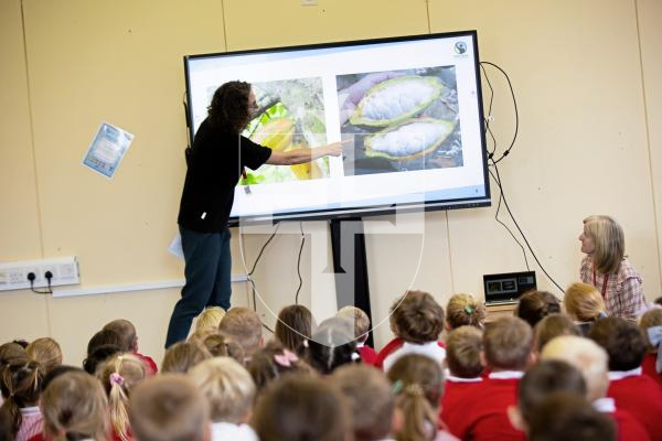 Picture by Sophie Rabey.  09-09-24.  Hannah Davis from  Fairtrade Guernsey visited Vale Primary School today to hold an assembly on Fairtrade.  It is the start of Fairtrade fortnight and they are celebrating 30 years of being on the shelves.