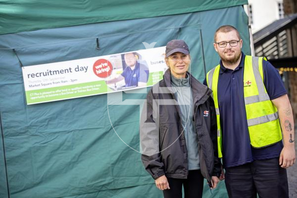 Picture by Peter Frankland. 12-09-24 Recruitment drive for CT Plus bus drivers in Market Square. L-R - Heidi King, HR Officer and Jordan Hughes, Bus Driver.