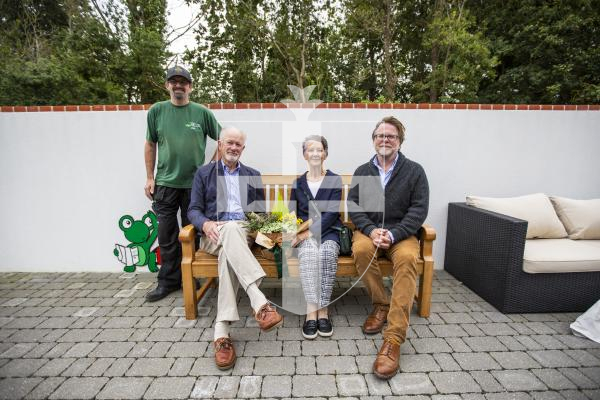 Picture by Sophie Rabey.  18-09-24.  A bench made by GROW has been given to Angus Bodman for all of his efforts in getting the new GROW site up and running.
L-R Darren Brehaut (made the bench), Angus Bodman and his wife Lesley and Mark Dunster.