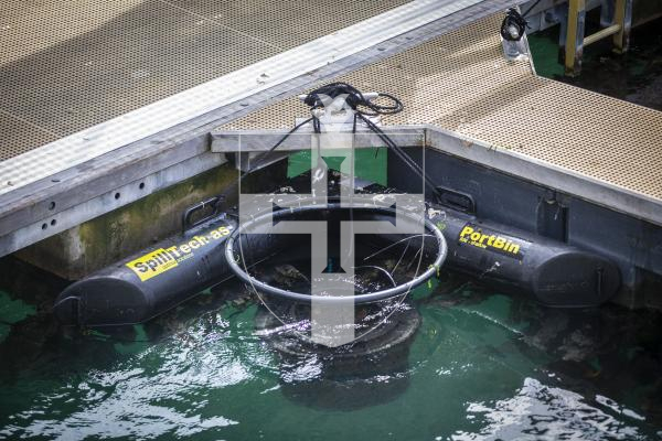 Picture by Peter Frankland. 23-08-24 Launch of the first 'PortBin'. Hugo the Harbour Hoover was named by 8 year old Olivia Bishop and paid for by Rotary Guernesiais.