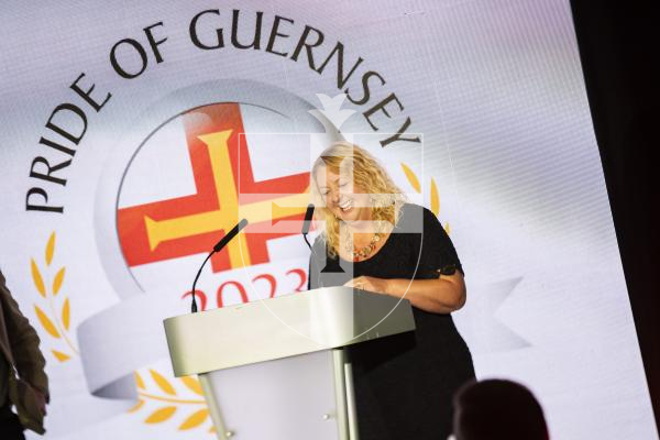 Picture by Sophie Rabey.  07-10-23.  Pride of Guernsey 2023 Awards at St Pierre Park.
Bailiwick Community Hero of the Year, sponsored by The Fort Group.   WINNER - Jim Phillips.
Sally Dawber (representing Jim Phillips) and Will Annan (Fort Group)