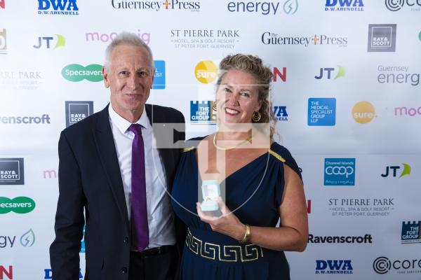 Picture by Peter Frankland. 07-10-23 Pride of Guernsey Awards 2023.  Extra award by Ray and Scott:
Martin Search (Ray & Scott) and Anita Davies