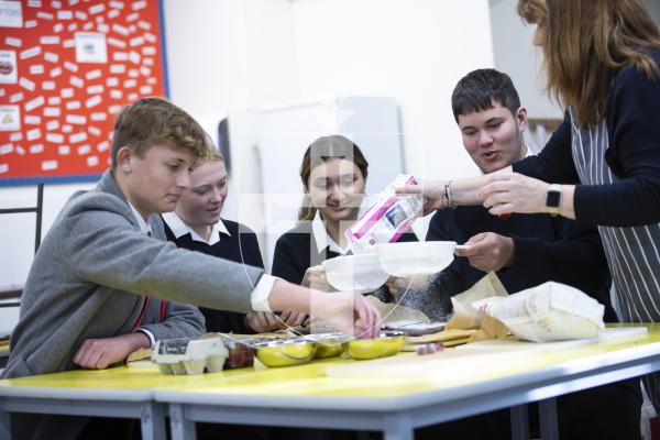 Picture by Peter Frankland. 27-11-23 Blanchelande College. Sixth form students are now able to take on Level 3 Extended Certificate in Professional Cookery. L-R - Alex Loveridge, 15, Freya Johnson, 15, Maria Bovey, 16 and Marco McQuaigue, 15. Jo Harman is the Head of Department.