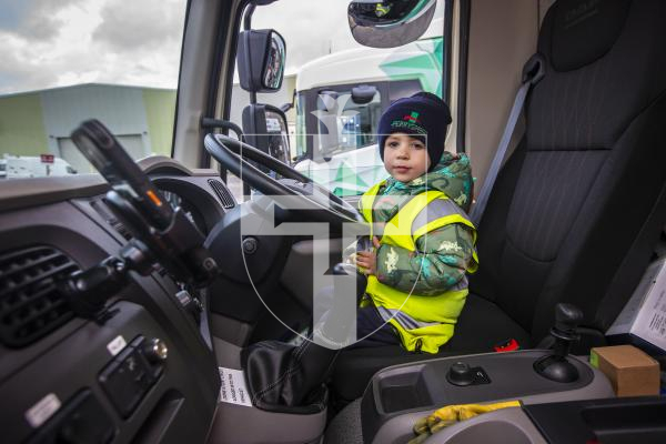 Picture by Peter Frankland. 28-11-23 Zach Brouard, 4 is a massive fan of lorries, especially Ferryspeed lorries. Today he was given a tour of the depot at Bulwer Avenue. Zach was allowed to sit in the cab of a DAF Ferryspeed lorry.