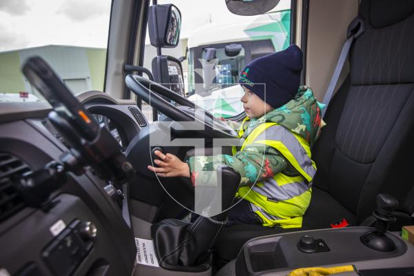 Picture by Peter Frankland. 28-11-23 Zach Brouard, 4 is a massive fan of lorries, especially Ferryspeed lorries. Today he was given a tour of the depot at Bulwer Avenue. Blowing the horn in a DAF Ferryspeed lorry.