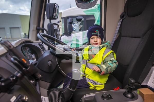 Picture by Peter Frankland. 28-11-23 Zach Brouard, 4 is a massive fan of lorries, especially Ferryspeed lorries. Today he was given a tour of the depot at Bulwer Avenue. Zach was allowed to sit in the cab of a DAF Ferryspeed lorry.
