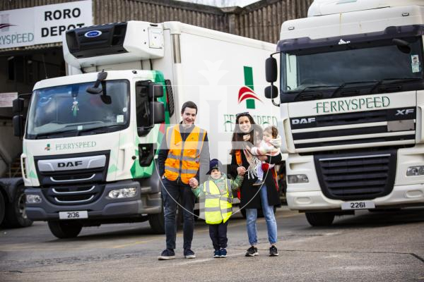 Picture by Peter Frankland. 28-11-23 Zach Brouard, 4 is a massive fan of lorries, especially Ferryspeed lorries. Today he was given a tour of the depot at Bulwer Avenue. L-R - Daniel Brouard, Zach Brouard, 4 Charlotte Brouard and Lucie Brouard, 14mts.