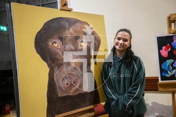 Picture by Luke Le Prevost. 29-11-23.
Sovereign Art Foundation Students Prize exhibition, auction and awards at St James. Lily Le Tocq (17) with 'Otis'