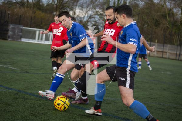 Picture by Luke Le Prevost. 02-12-23.
Priaulx League football action at the KGV - Rangers v Alderney