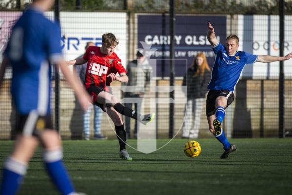 Picture by Luke Le Prevost. 02-12-23.
Priaulx League football action at the KGV - Rangers v Alderney