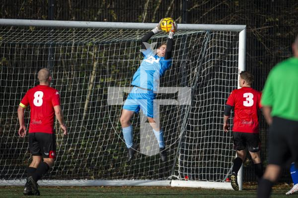 Picture by Luke Le Prevost. 02-12-23.
Priaulx League football action at the KGV - Rangers v Alderney