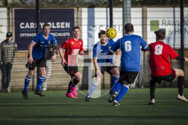 Picture by Luke Le Prevost. 02-12-23.
Priaulx League football action at the KGV - Rangers v Alderney