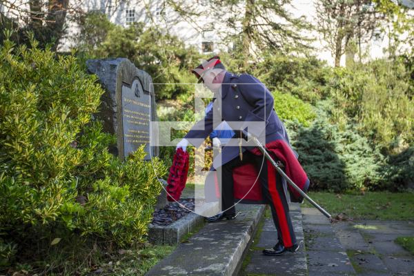 Picture by Luke Le Prevost. 03-12-23.
Royal Guernsey Light Infantry (RGLI) Annual Parade & Remembrance Service at the Sunken Gardens. Lt Governor Richard Cripwell lays a wreath for the Crown