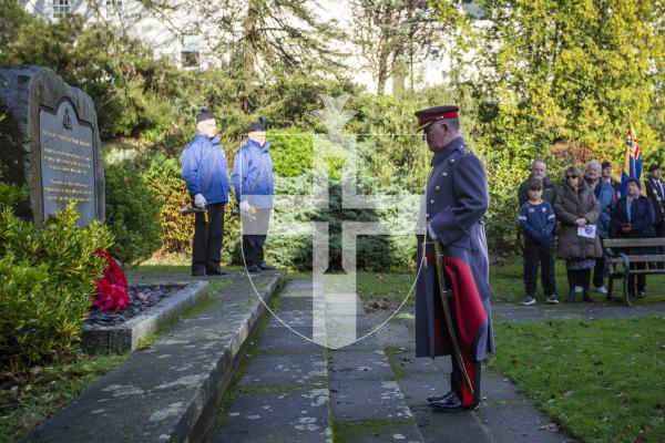 Picture by Luke Le Prevost. 03-12-23.
Royal Guernsey Light Infantry (RGLI) Annual Parade & Remembrance Service at the Sunken Gardens. Lt Governor Richard Cripwell lays a wreath for the Crown