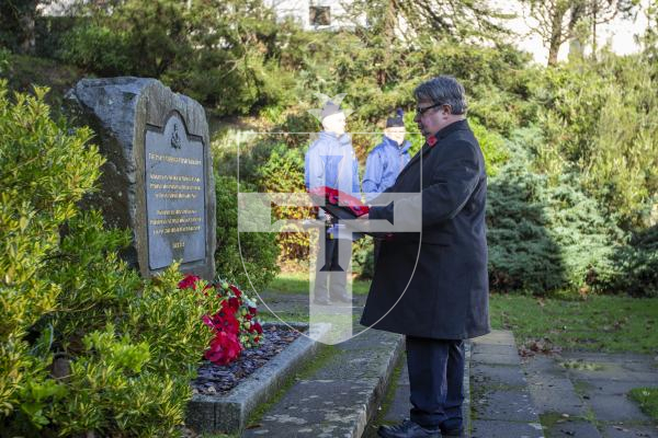 Picture by Luke Le Prevost. 03-12-23.
Royal Guernsey Light Infantry (RGLI) Annual Parade & Remembrance Service at the Sunken Gardens. Deputy John Gollop lays a wreath for the States of Guernsey
