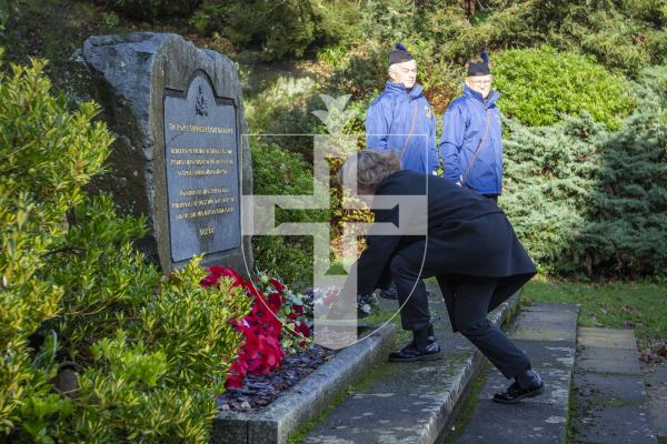 Picture by Luke Le Prevost. 03-12-23.
Royal Guernsey Light Infantry (RGLI) Annual Parade & Remembrance Service at the Sunken Gardens. Odile Blanchette lays a wreath for the people of France