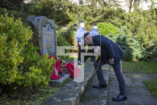 Picture by Luke Le Prevost. 03-12-23.
Royal Guernsey Light Infantry (RGLI) Annual Parade & Remembrance Service at the Sunken Gardens. Ben Rowe lays a wreath for Royal British Legion Guernsey branch