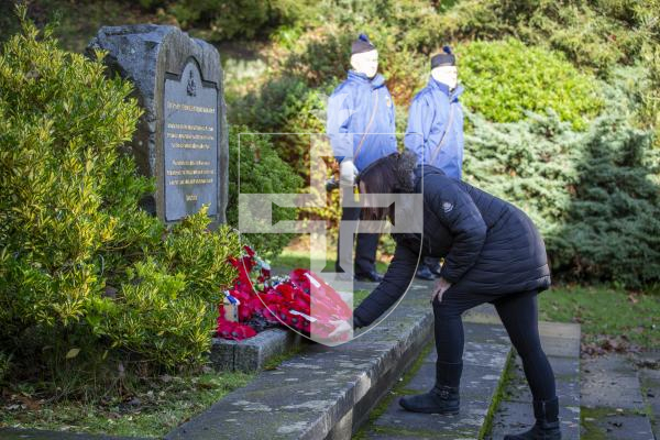 Picture by Luke Le Prevost. 03-12-23.
Royal Guernsey Light Infantry (RGLI) Annual Parade & Remembrance Service at the Sunken Gardens. Katrina Proudlove lays a wreath for the Royal British Legoin Alderney branch