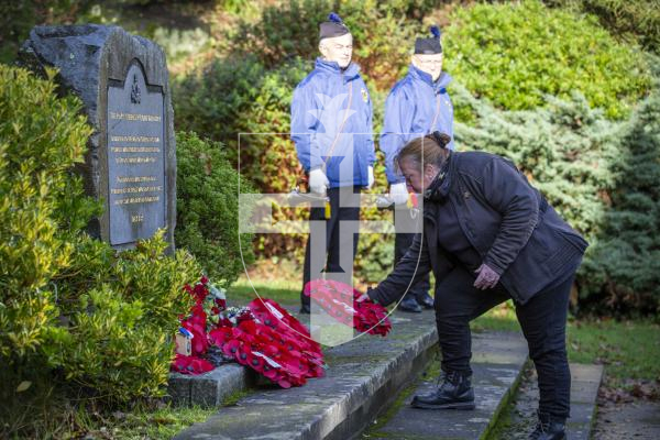 Picture by Luke Le Prevost. 03-12-23.
Royal Guernsey Light Infantry (RGLI) Annual Parade & Remembrance Service at the Sunken Gardens. Jenny Vaudin lays a wreath for Royal British Legoin Sark branch