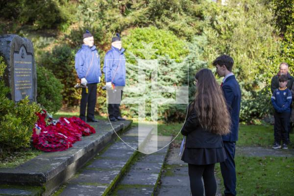 Picture by Luke Le Prevost. 03-12-23.
Royal Guernsey Light Infantry (RGLI) Annual Parade & Remembrance Service at the Sunken Gardens. L-R Harry Langlois and Evie Jaison (both 16) lays a wreath for Blanchelande College