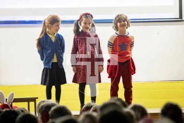 Picture by Sophie Rabey.  15-03-24.  St Martins Primary School were celebrating and raising money for Comic Relief on Red Nose Day.  The school had an assembly where 3 students from each year group read out their favourite joke.
Year 2 L-R Arina Konstantynova (7), Juno Bamford (6) and Heron Colmer (7).