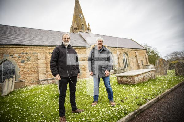Picture by Sophie Rabey.  28-03-24.  The Rt Revd Nick Drayson and Chris Workman at Castel Church ahead of clocks go forward this Sunday.  The chuch is having some work done on the clocks.