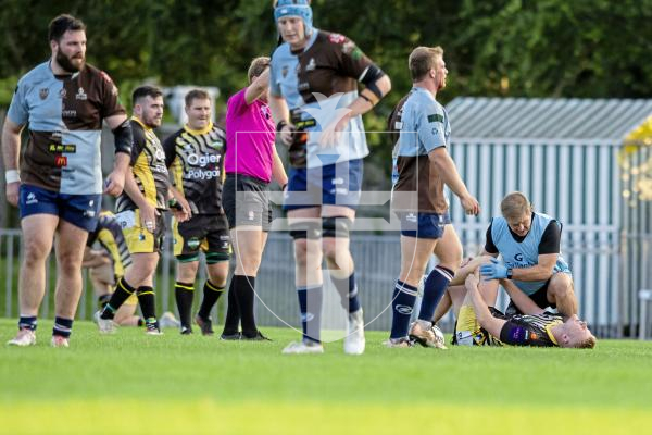 Picture by Peter Frankland. 23-08-24 Rugby at Footes Lane. Guernsey Raiders pre-season game against Rotherham Titans. Tom Teasdale injures his knee on the brink of halftime.