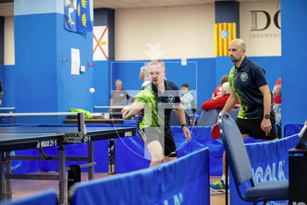 Picture by Peter Frankland. 13-09-24 Table Tennis - Veterans Home Nations 2024 Championships. L-R - Steve Ozanne and Jamie Ferbrache O40s v Scotland.