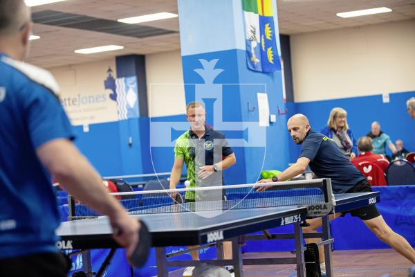 Picture by Peter Frankland. 13-09-24 Table Tennis - Veterans Home Nations 2024 Championships. L-R - Steve Ozanne and Jamie Ferbrache O40s v Scotland.