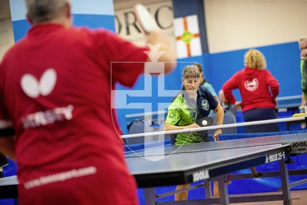 Picture by Peter Frankland. 13-09-24 Table Tennis - Veterans Home Nations 2024 Championships. Kay Chivers in the O60s v Jersey.