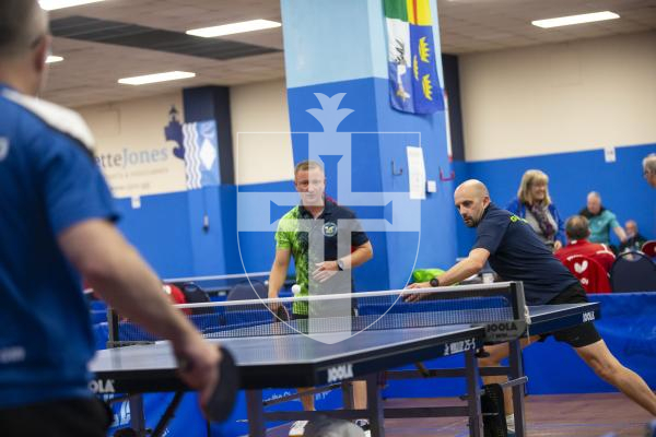 Picture by Peter Frankland. 13-09-24 Table Tennis - Veterans Home Nations 2024 Championships. L-R - Steve Ozanne and Jamie Ferbrache O40s v Scotland.