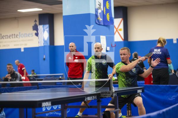 Picture by Peter Frankland. 13-09-24 Table Tennis - Veterans Home Nations 2024 Championships. L-R - Jamie Ferbrache and Steve Ozanne O40s v Scotland.