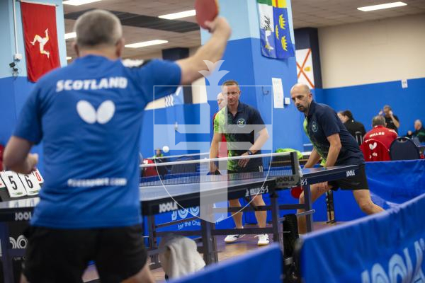 Picture by Peter Frankland. 13-09-24 Table Tennis - Veterans Home Nations 2024 Championships. L-R - Steve Ozanne and Jamie Ferbrache O40s v Scotland.