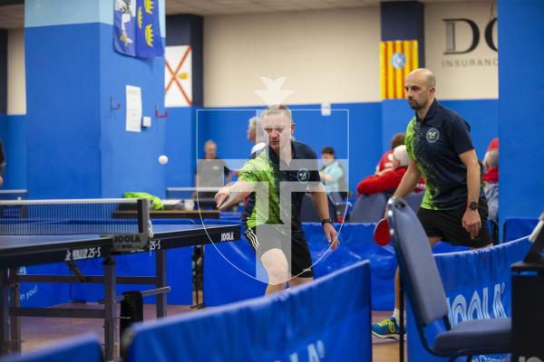 Picture by Peter Frankland. 13-09-24 Table Tennis - Veterans Home Nations 2024 Championships. L-R - Steve Ozanne and Jamie Ferbrache O40s v Scotland.