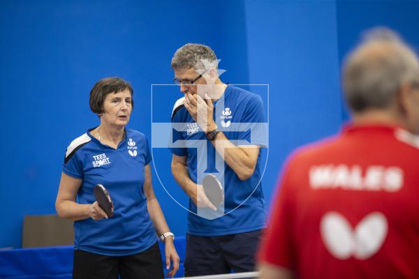 Picture by Peter Frankland. 13-09-24 Table Tennis - Veterans Home Nations 2024 Championships. Scotland players talking tactics.