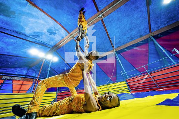 Picture by Peter Frankland. 20-08-25 Circus Starlight is back at L'eree for the first time since 2017. Top to bottom are Hilaly Majariwa, Rama Mtebwa and Ali Kimbunga.