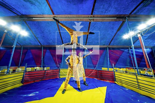 Picture by Peter Frankland. 20-08-25 Circus Starlight is back at L'eree for the first time since 2017. Top to bottom are Hilaly Majariwa and Rama Mtebwa. Ali Kimbunga is standing guard.