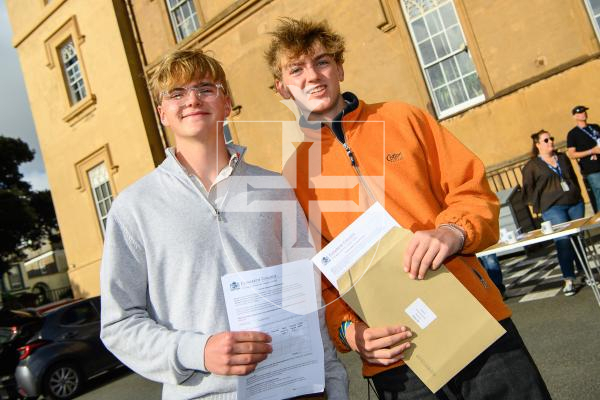 Pic supplied by Andrew Le Poidevin, 21-08-2025. The 2025 GCSE Results collection at Elizabeth College. Herbie Stow and Alex Pitfield.