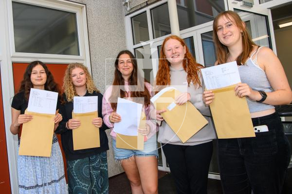 Photo by Andrew Le Poidevin, 21-08-2025. The 2025 GCSE Results collection at La Mare De Carteret High School. Esmee Vidamiur, Gisele Jones, Amelie May Jehan, Hollie Archenoul, Sian Craig.