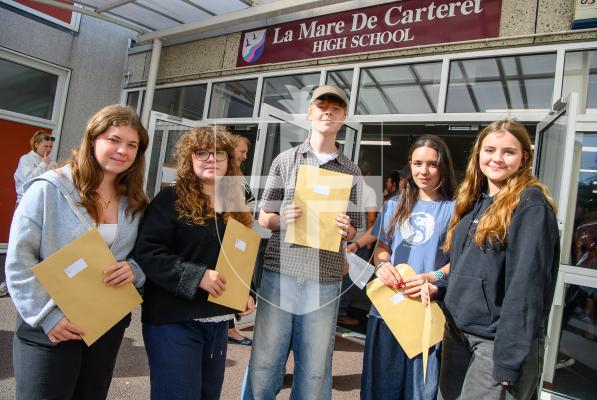 Photo by Andrew Le Poidevin, 21-08-2025. The 2025 GCSE Results collection at La Mare De Carteret High School. Grace Sarre, Alex Sarre, Kyle Duncan-Kurz, Lauren Ogier, Gracie Teale.
