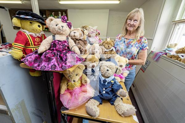 Picture by Sophie Rabey.  26-08-25.  The Teddy Bear window displays will be no longer as the building on Berthelot Street, Clifton, is closing.  Jacky Meinke with her collection of bears from the last 6 years.