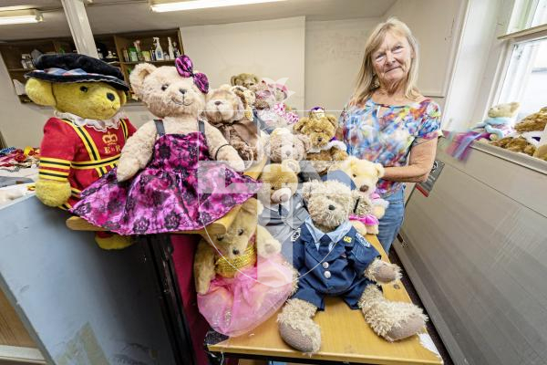Picture by Sophie Rabey.  26-08-25.  The Teddy Bear window displays will be no longer as the building on Berthelot Street, Clifton, is closing.  Jacky Meinke with her collection of bears from the last 6 years.