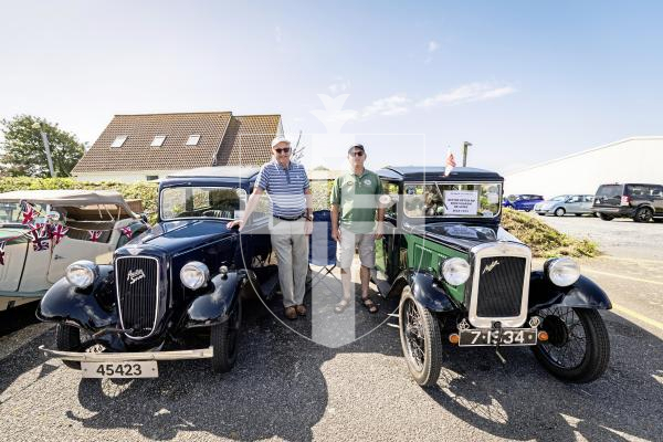 Picture by Sophie Rabey.  31-08-25.  Wings and Wheels event at Guernsey Areo Club.
L-R Hirzel Dorey with his Austin 7 Ruby 1934 and Paul Billington and his Austin 7 RP Box Saloon De Luxe 1934.