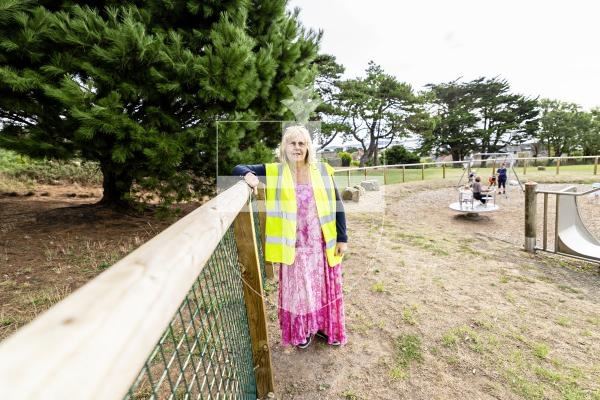 Picture by Sophie Rabey.  09-09-25.   St Sampson's douzenier Kim Abbotts at Delancey Park to give update on what the response has been of the new fencing around the childrens play area.