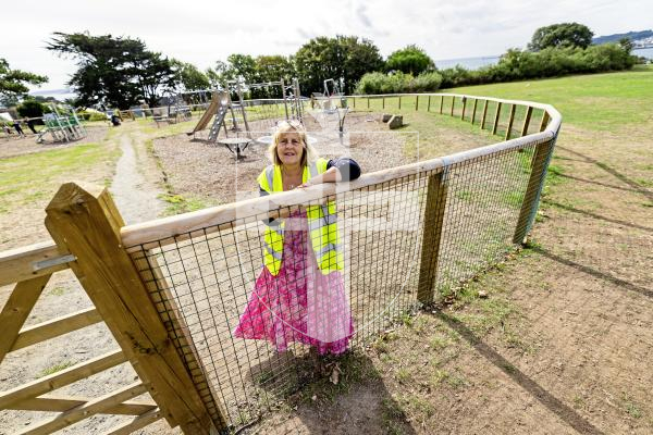 Picture by Sophie Rabey.  09-09-25.   St Sampson's douzenier Kim Abbotts at Delancey Park to give update on what the response has been of the new fencing around the childrens play area.